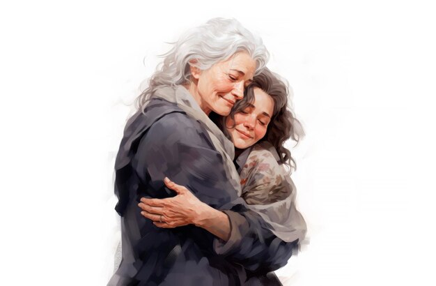 Painting style isolated illustration two hugging happy grayhaired women old mother and daughter AI g