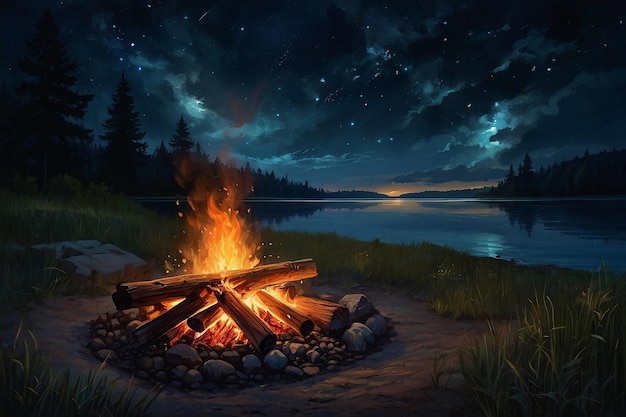 A painting of a summer night with a campfire burning created with technology