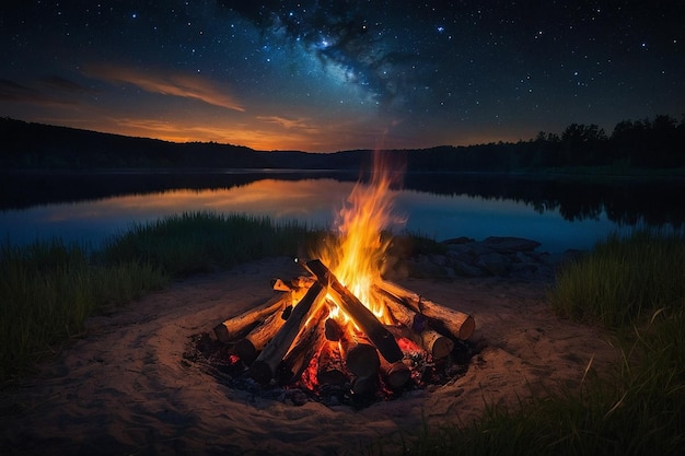 A painting of a summer night with a campfire burning created with technology