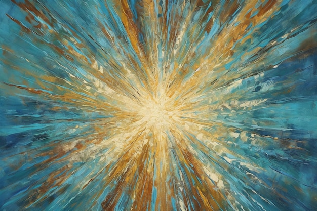 A painting of a sun burst with a blue and orange background.