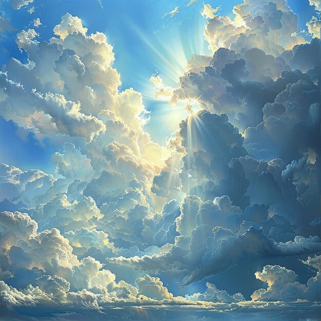 a painting of a sun shining through clouds and a boat in the sky