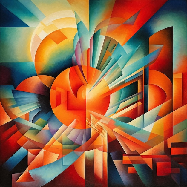 Painting of a sun with a bright orange center surrounded by geometric shapes generative ai