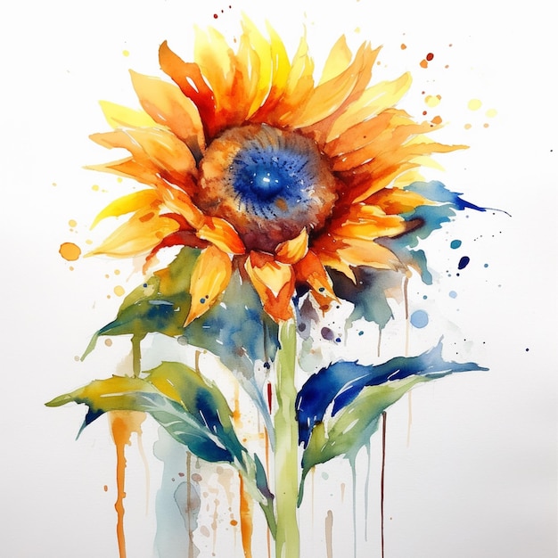 Painting of a sunflower with a blue center and yellow petals generative ai