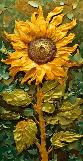 Painting of a sunflower with a green background and leaves generative ai