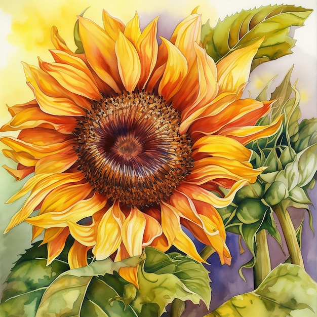 A painting of a sunflower with green leaves