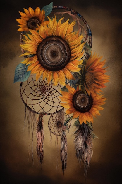 Photo a painting of a sunflower with a spider web on it