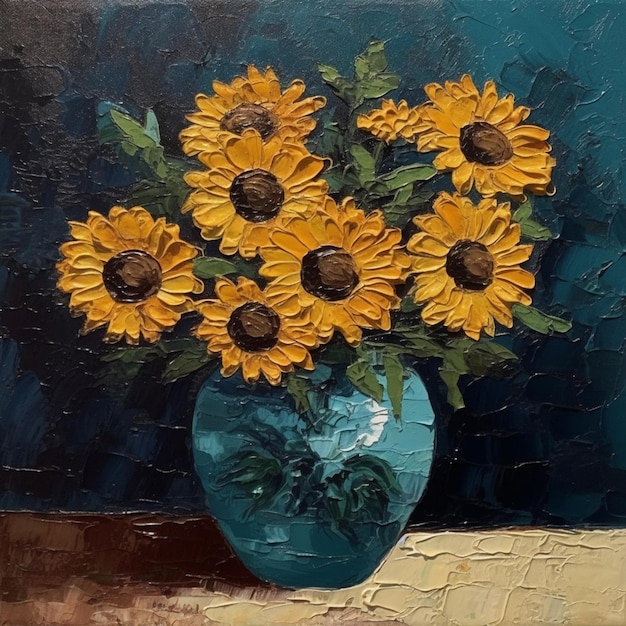 A painting of sunflowers in a blue vase.