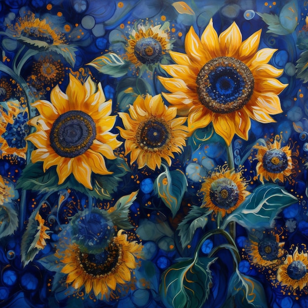 painting of sunflowers in a field with blue and yellow dots generative ai