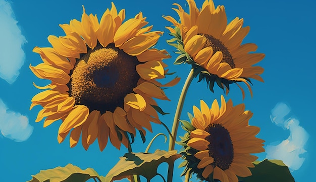 A painting of sunflowers in a field