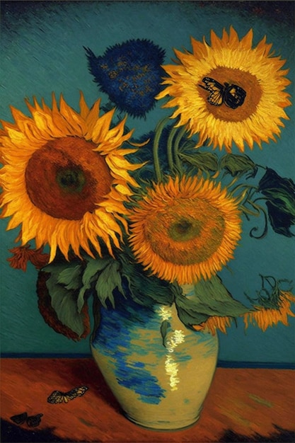 A painting of sunflowers in a vase on a table generative ai