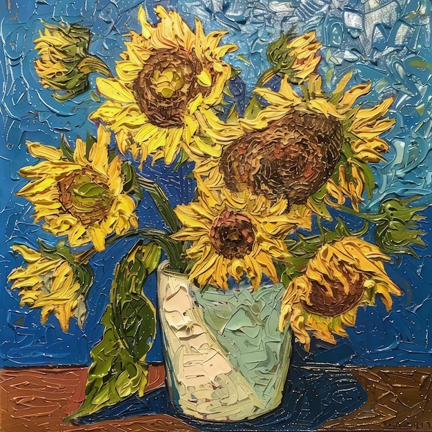 Photo a painting of sunflowers with a green leaf and a leaf