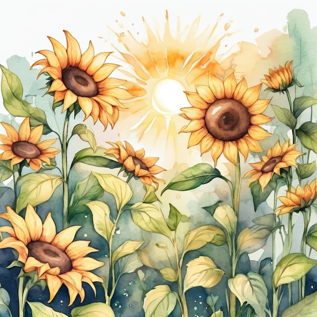 a painting of sunflowers with the sun shining through the clouds