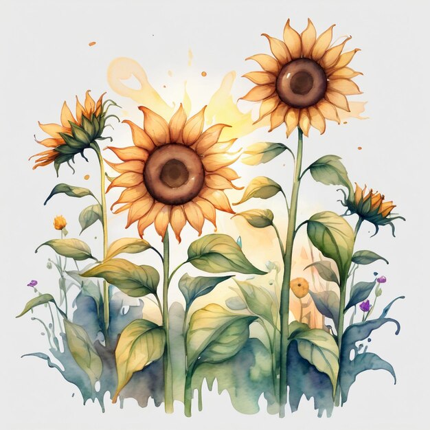 a painting of sunflowers with the sun shining on the top