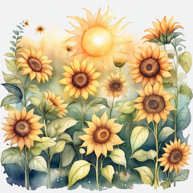 a painting of sunflowers with the sun behind them