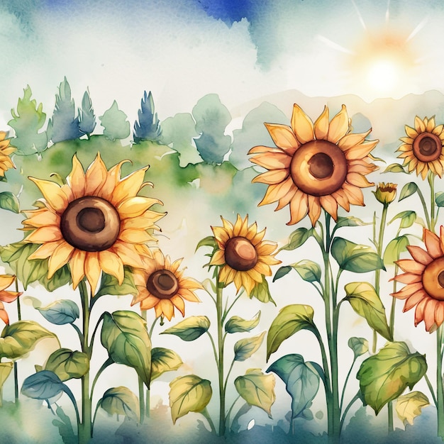 a painting of sunflowers with the sun behind them