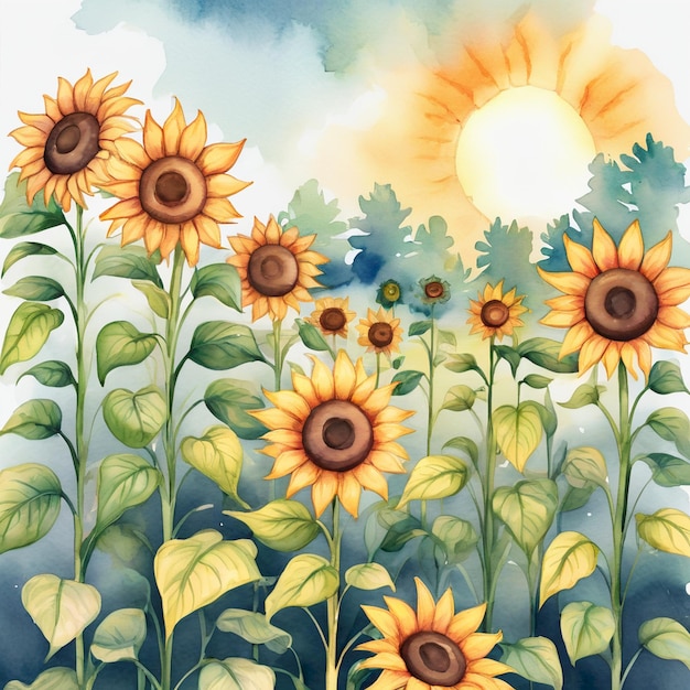 a painting of sunflowers with the sun behind them