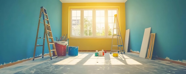 Photo a painting of a sunlit room with a ladder and paintbrush on the floor