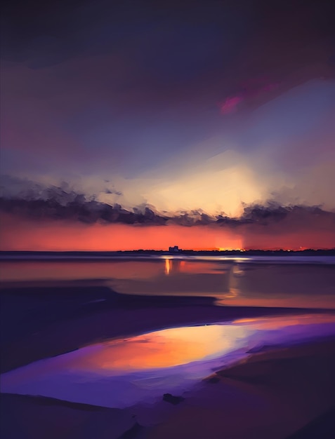 A painting of a sunset over a beach with a city in the background.