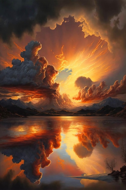 Painting of a sunset over a body of water generative ai