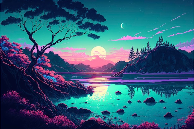 Painting of a sunset over a body of water generative ai