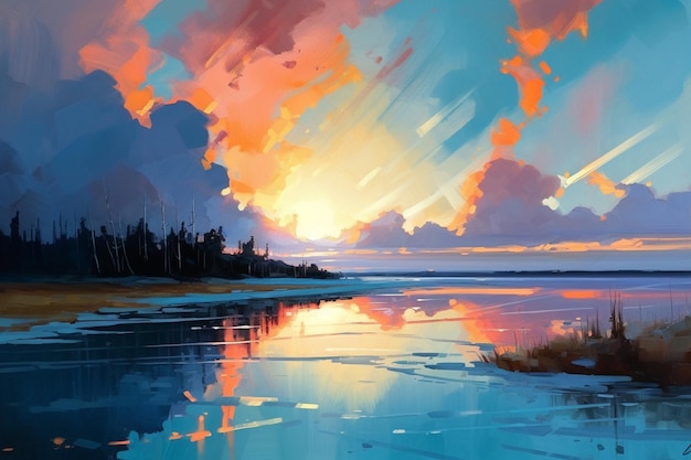 A painting of a sunset over a body of water with a cloudy sky in the background.