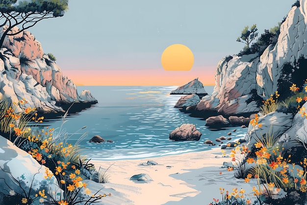 a painting of a sunset by the sea