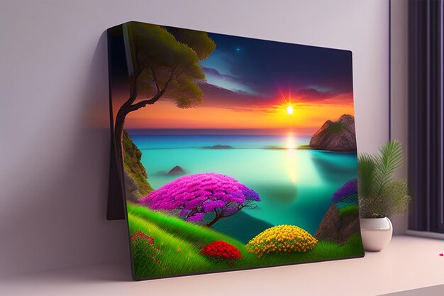 Photo a painting of a sunset by the sea