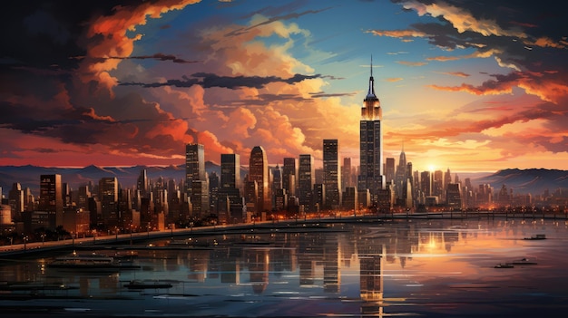 A painting of a sunset over a city.