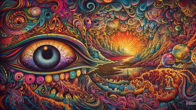 A painting of a sunset and the eye of the sun