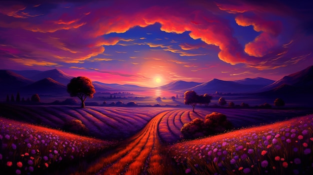 painting of a sunset over a field of flowers with a road generative ai