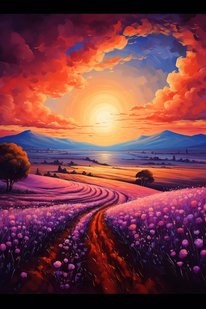 painting of a sunset over a field of flowers with a road generative ai