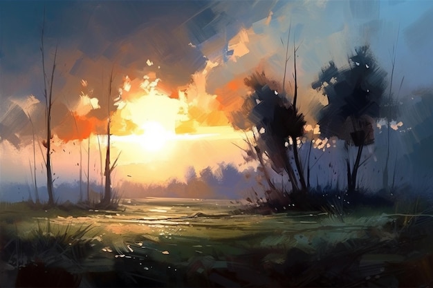 A painting of a sunset in the forest