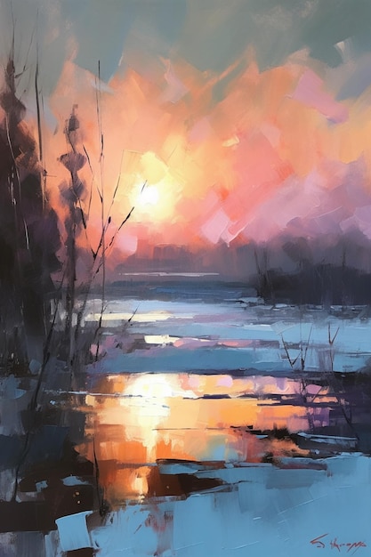 A painting of a sunset over a frozen lake