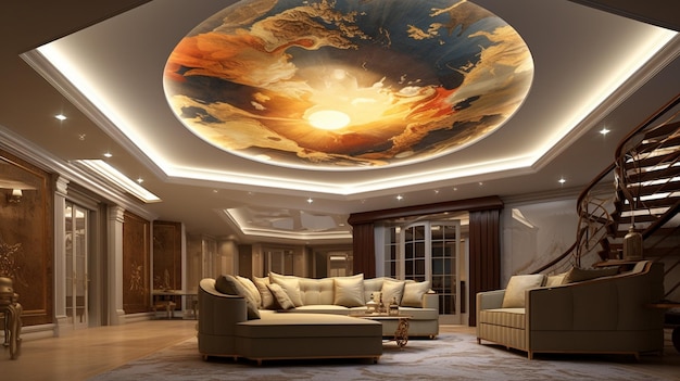 a painting of a sunset hangs above a couch in a room