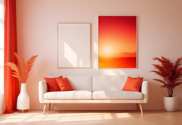 a painting of a sunset hangs on a wall above a couch