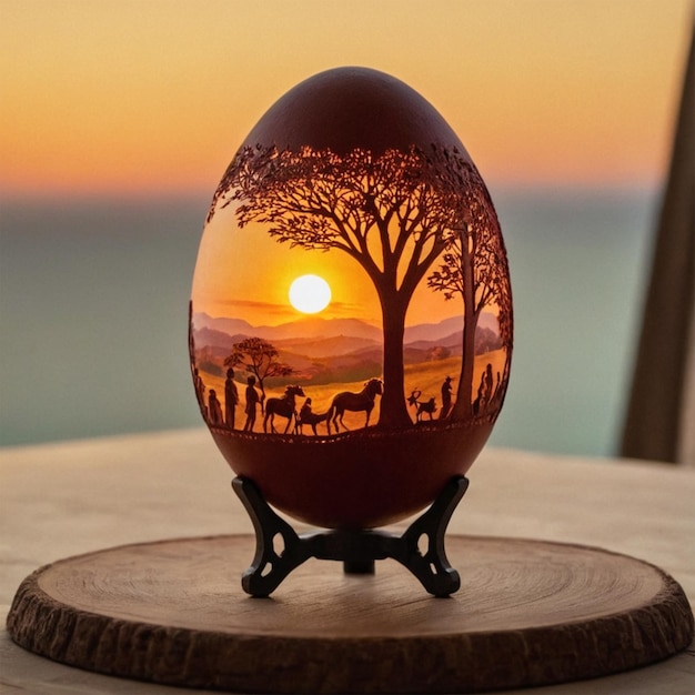 a painting of a sunset is on a egg