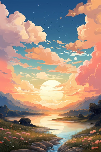 A painting of a sunset over a lake and mountains