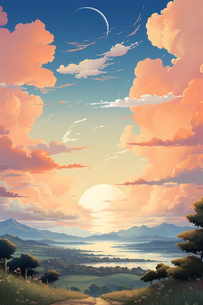 A painting of a sunset over a lake and mountains