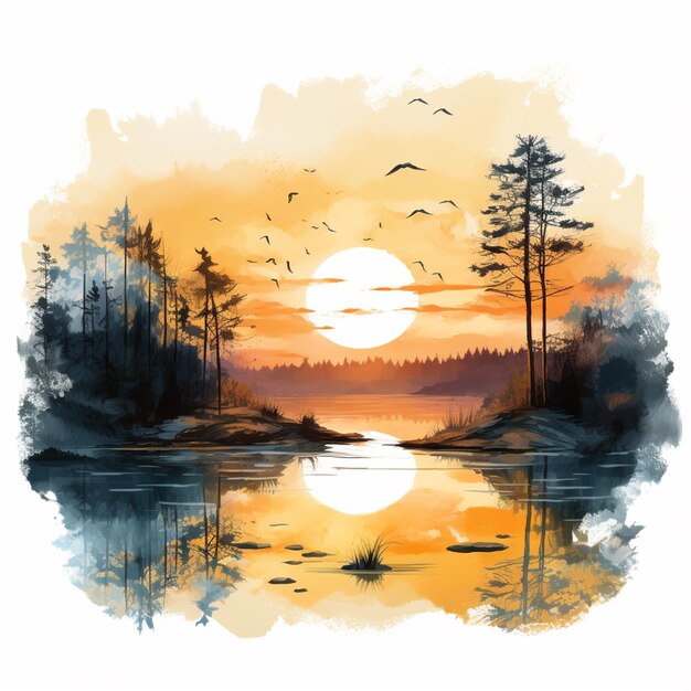 painting of a sunset over a lake with birds flying over it generative ai