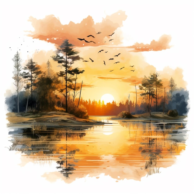 painting of a sunset over a lake with birds flying over it generative ai