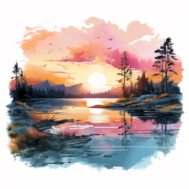 painting of a sunset over a lake with birds flying over it generative ai