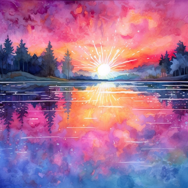 Painting of a sunset over a lake with a forest in the background generative ai