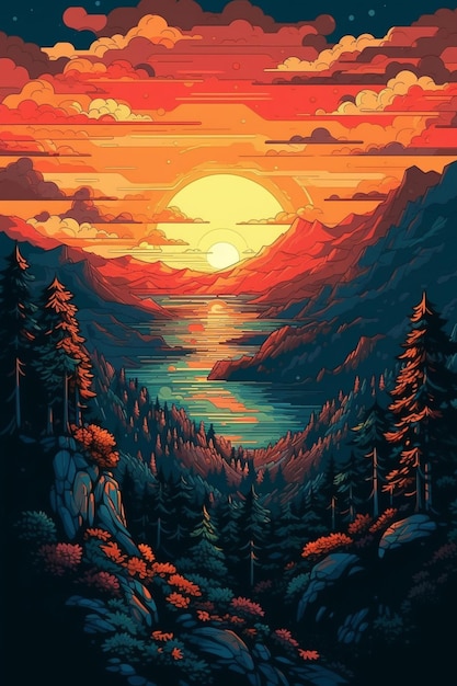 A painting of a sunset over a lake with a mountain in the background.