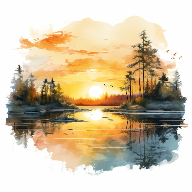 painting of a sunset over a lake with trees and birds flying generative ai