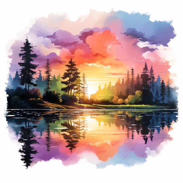 painting of a sunset over a lake with trees and clouds generative ai