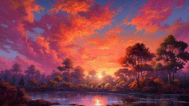 A painting of a sunset over a lake