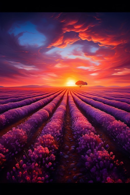 painting of a sunset over a lavender field with a lone tree generative ai