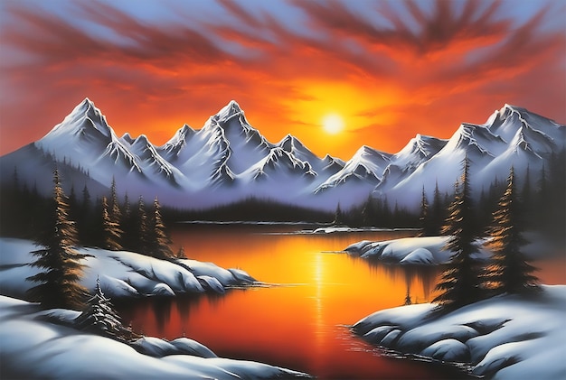 A Painting Of A Sunset Over A Mountain Range An Airbrush Painting By Bob Ross Featured