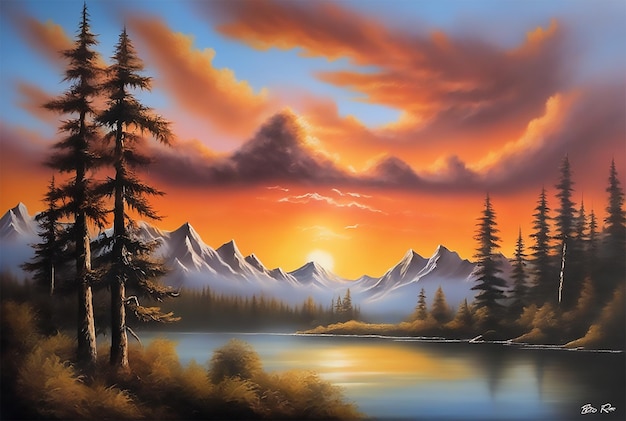 A Painting Of A Sunset Over A Mountain Range An Airbrush Painting By Bob Ross Featured