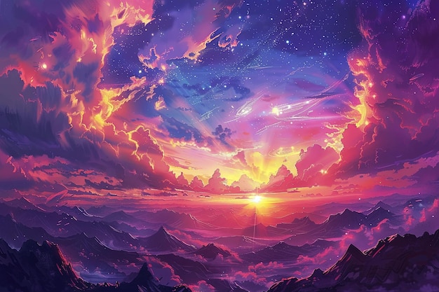 A painting of a sunset over a mountain range